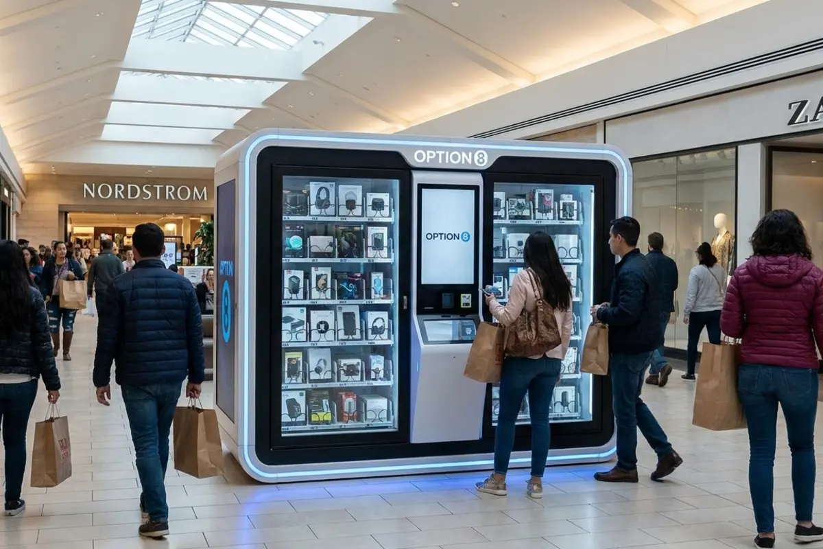 Rented vending machine operating in a busy shopping mall concourse