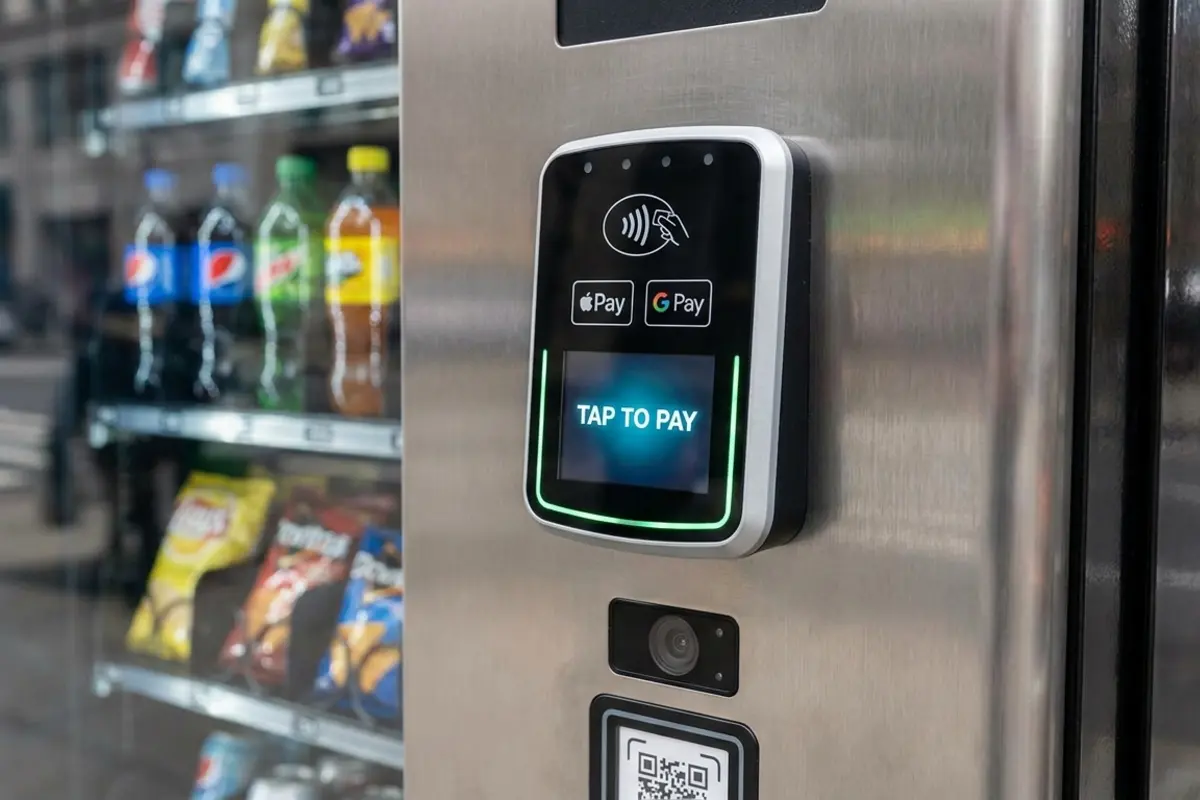 Cashless payment card reader on a modern rented vending machine