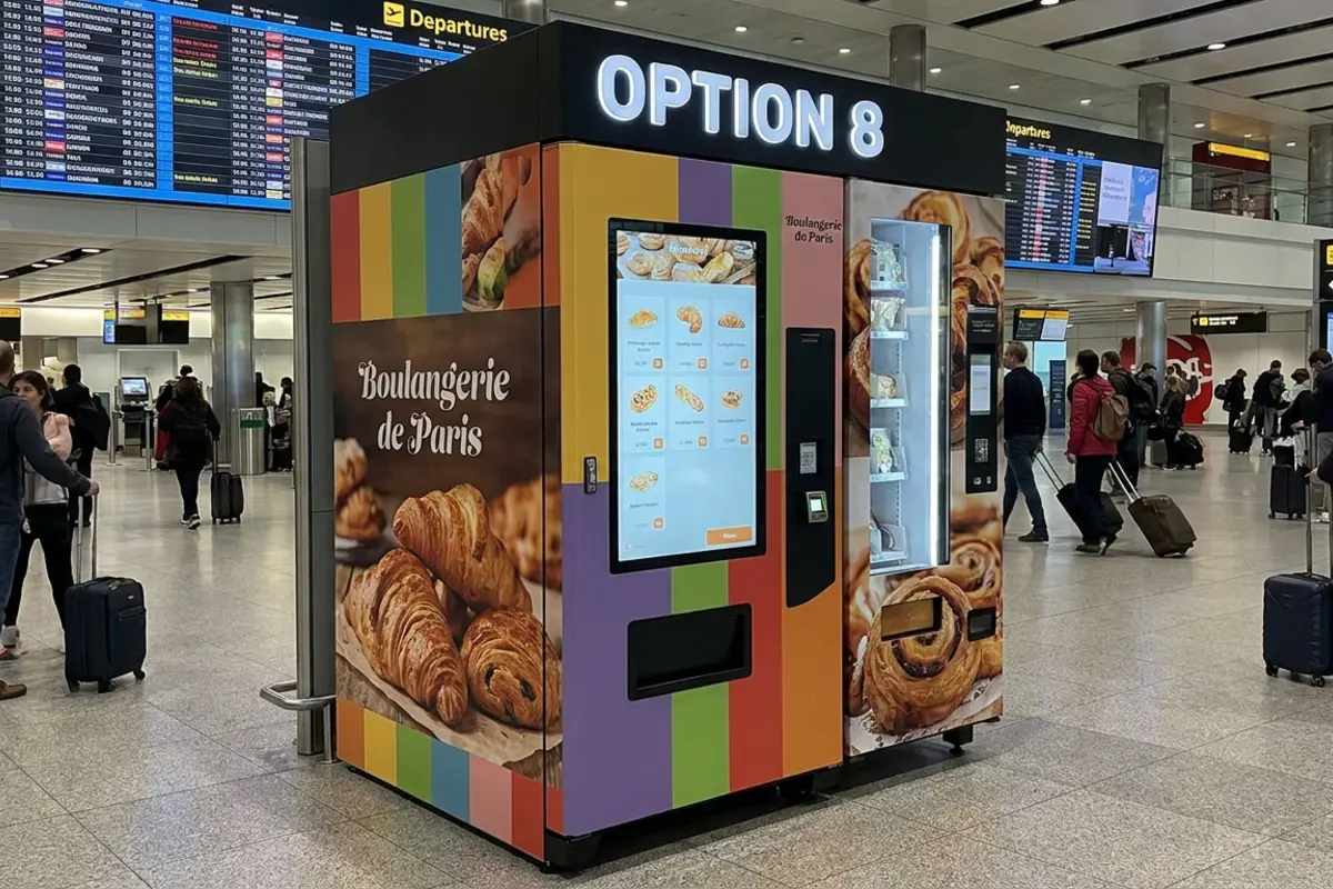 Bakery branded vending machine offering baked goods in a busy airport terminal