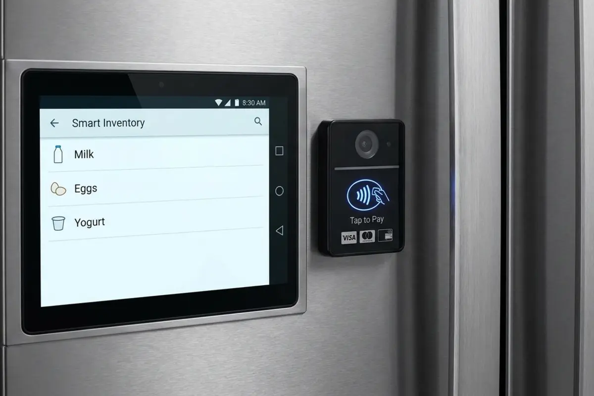 Cashless payment and smart inventory touchscreen on a vending fridge