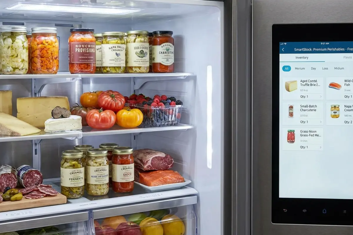 Fresh salads and sandwiches displayed inside a smart fridge vending machine