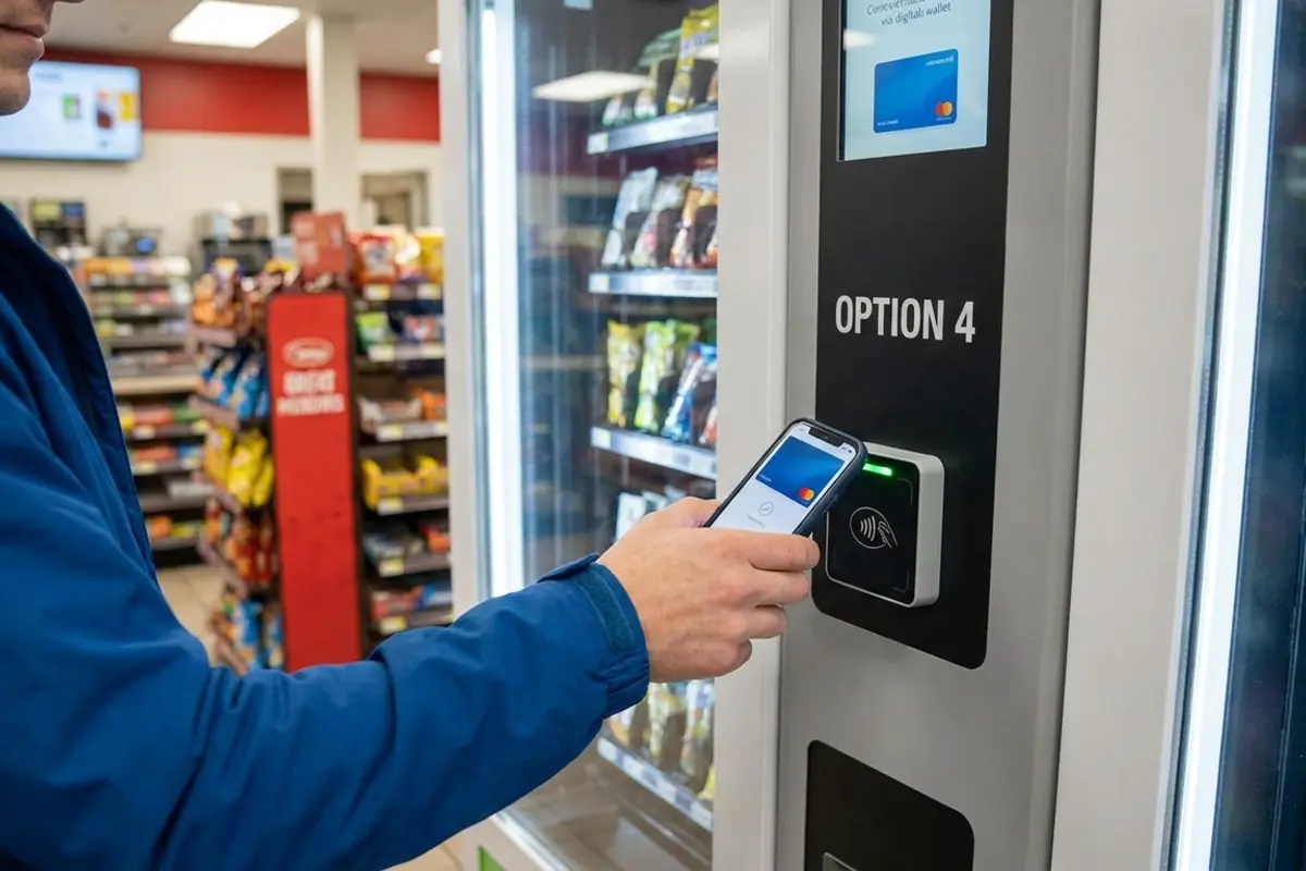 Customer making a contactless NFC smartphone payment at a digital vending machine