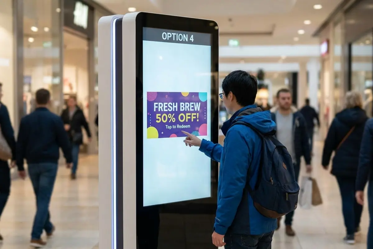 Digital vending machine displaying a promotional ad to a passerby