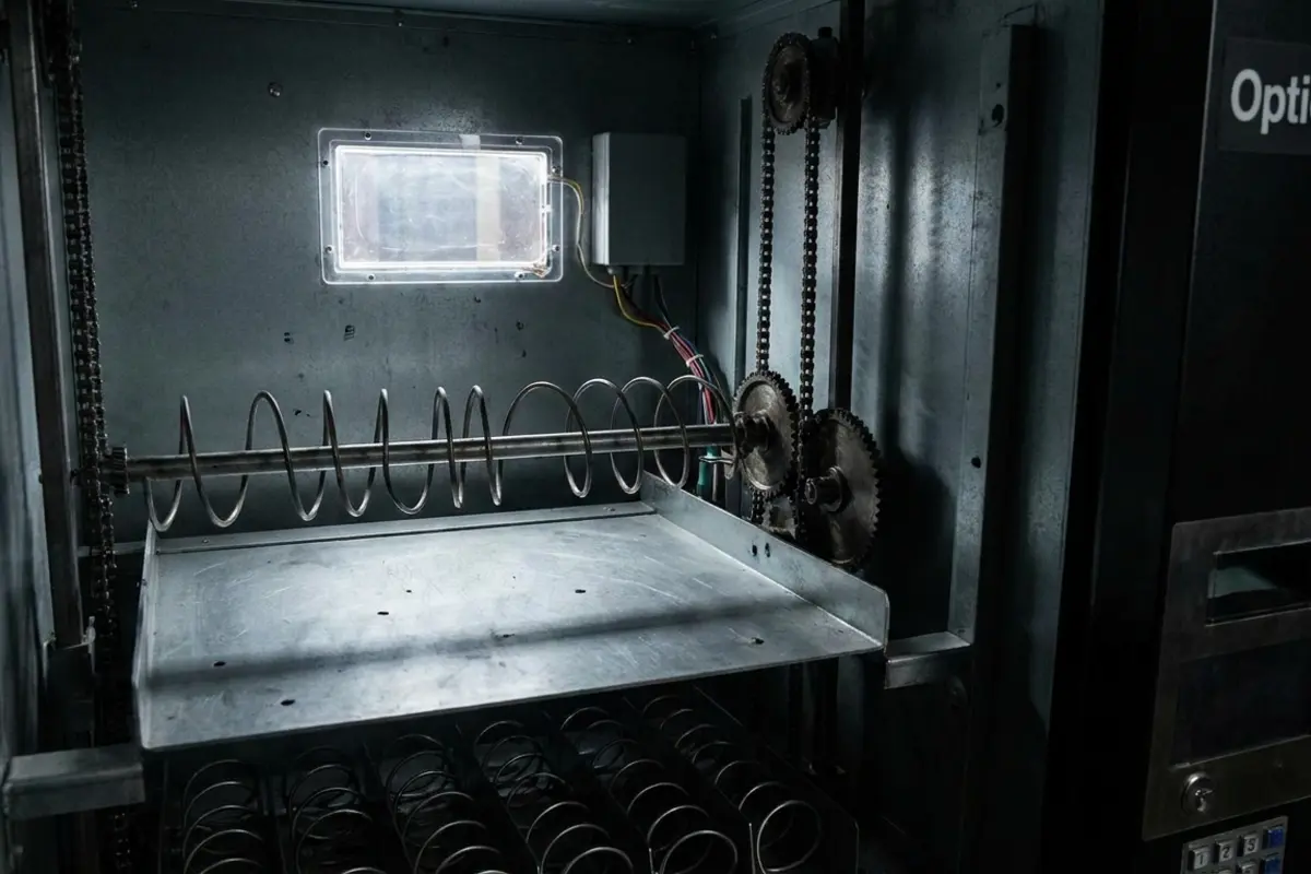 Close-up of the internal dispensing elevator mechanism in a vending machine