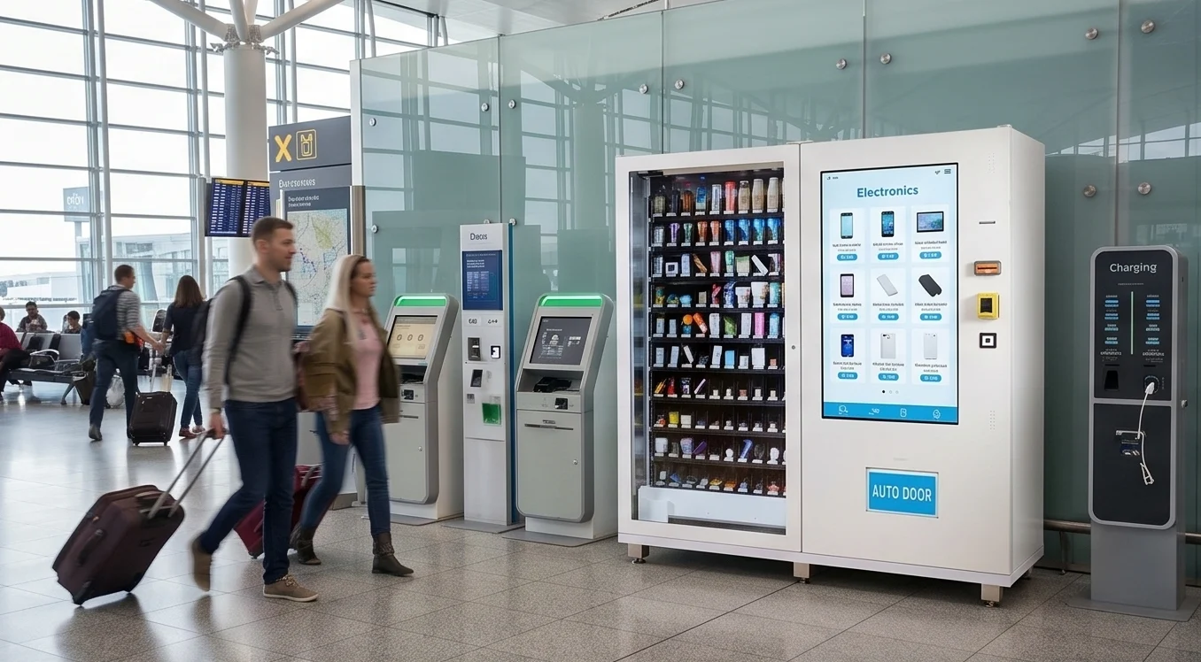Electronics vending machine in an airport concourse