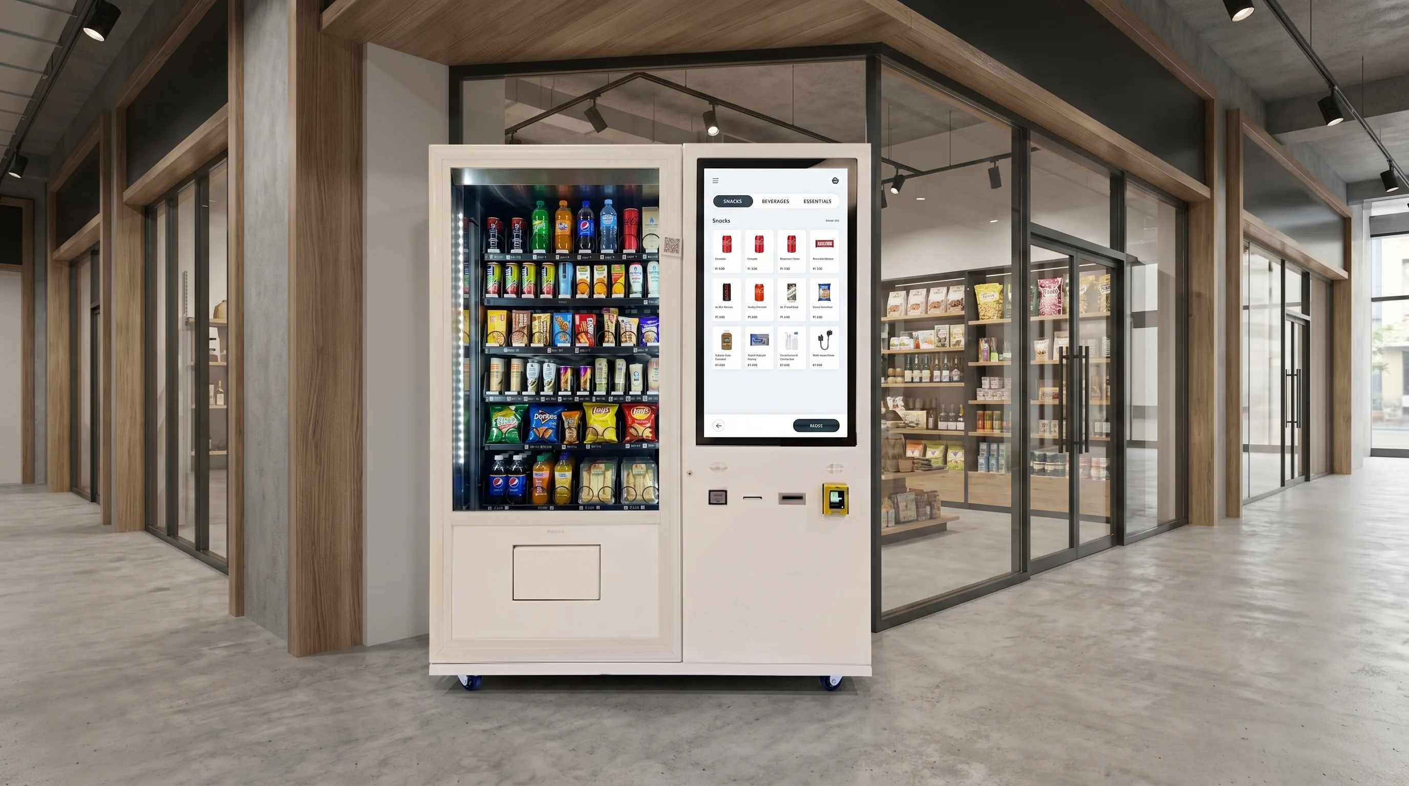 Cashless digital vending machine in a high-traffic retail corridor