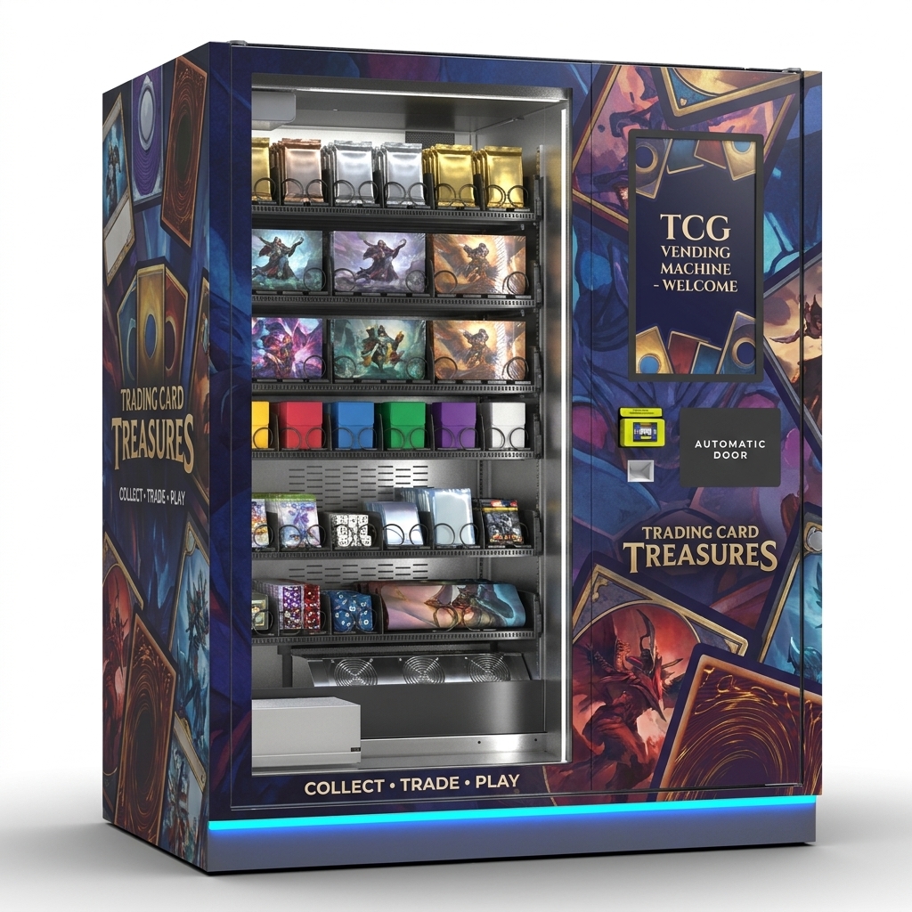 Large glass-front trading card vending machine stocked with collectible products