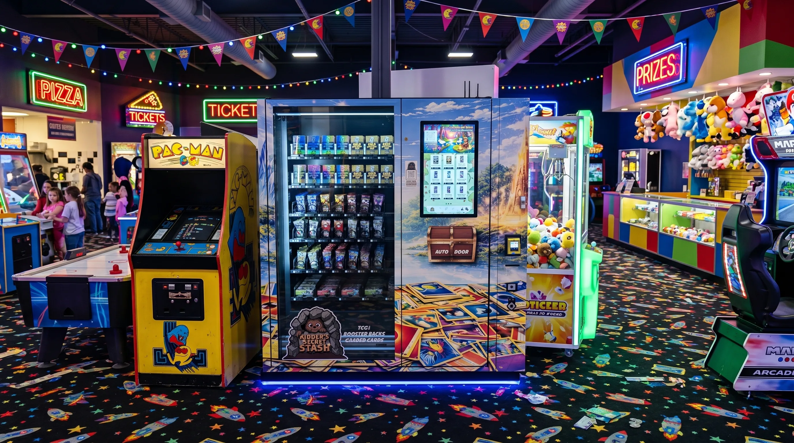TCG vending machine placed in a brightly lit arcade