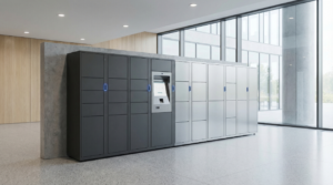 Illustration of a smart locker system with touchscreen access