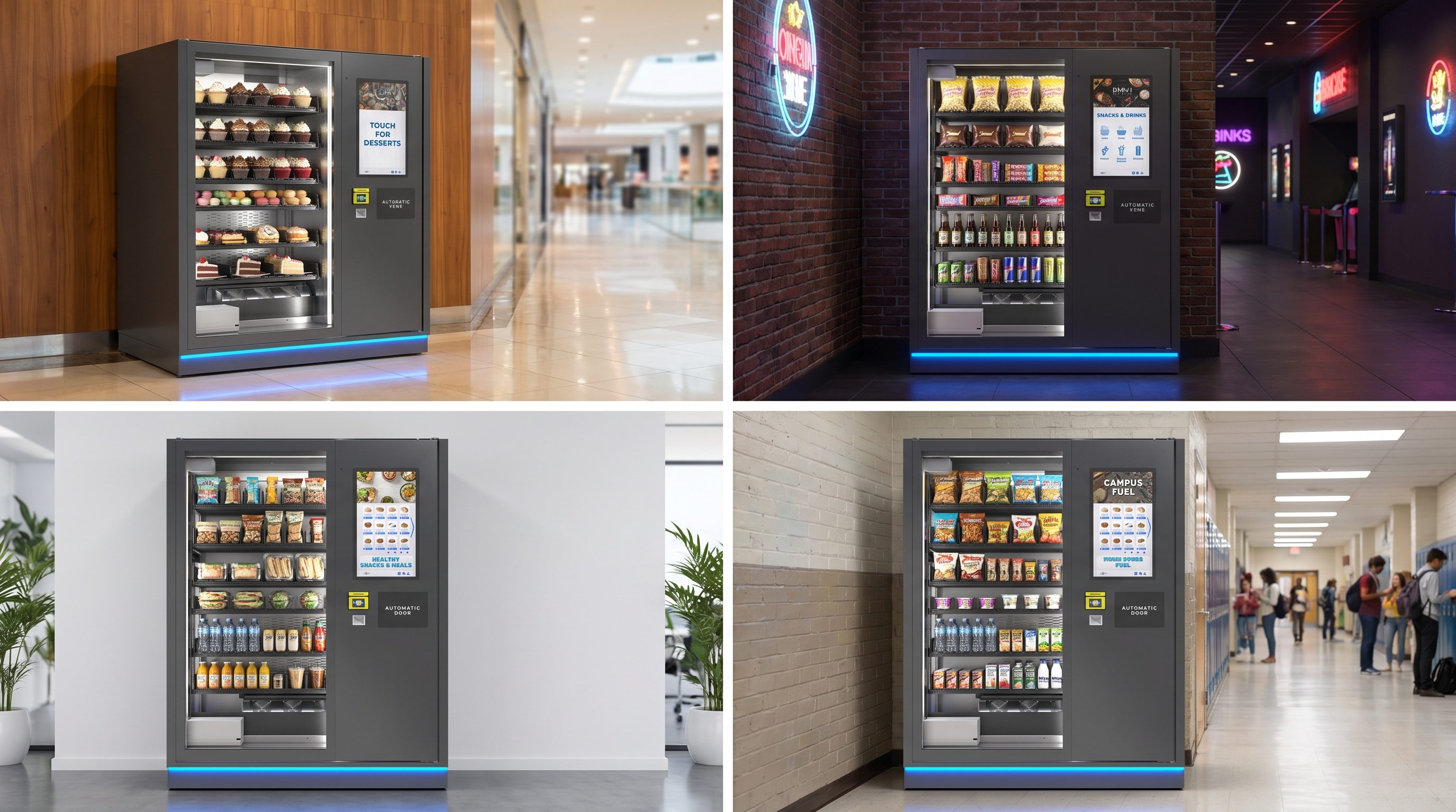 Concept board showing cupcake, snack, and specialty food vending concepts in mall, venue, office, and campus settings