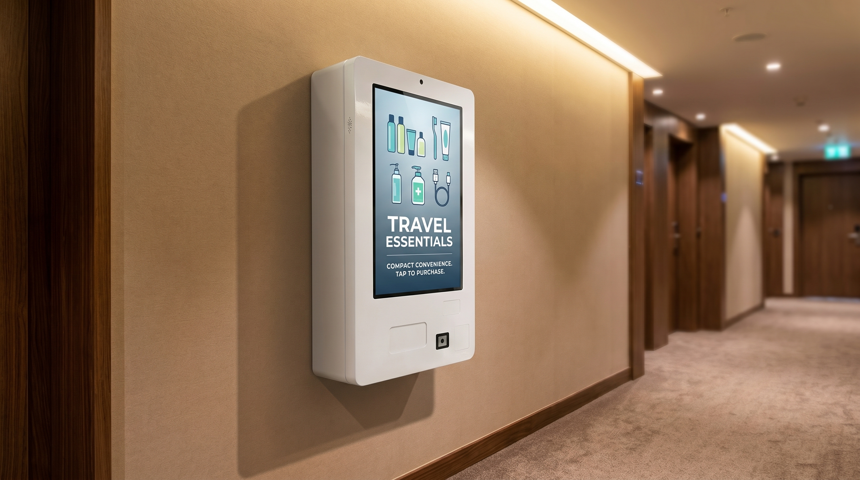 Compact wall-mounted vending machine for travel essentials in a narrow hotel hallway