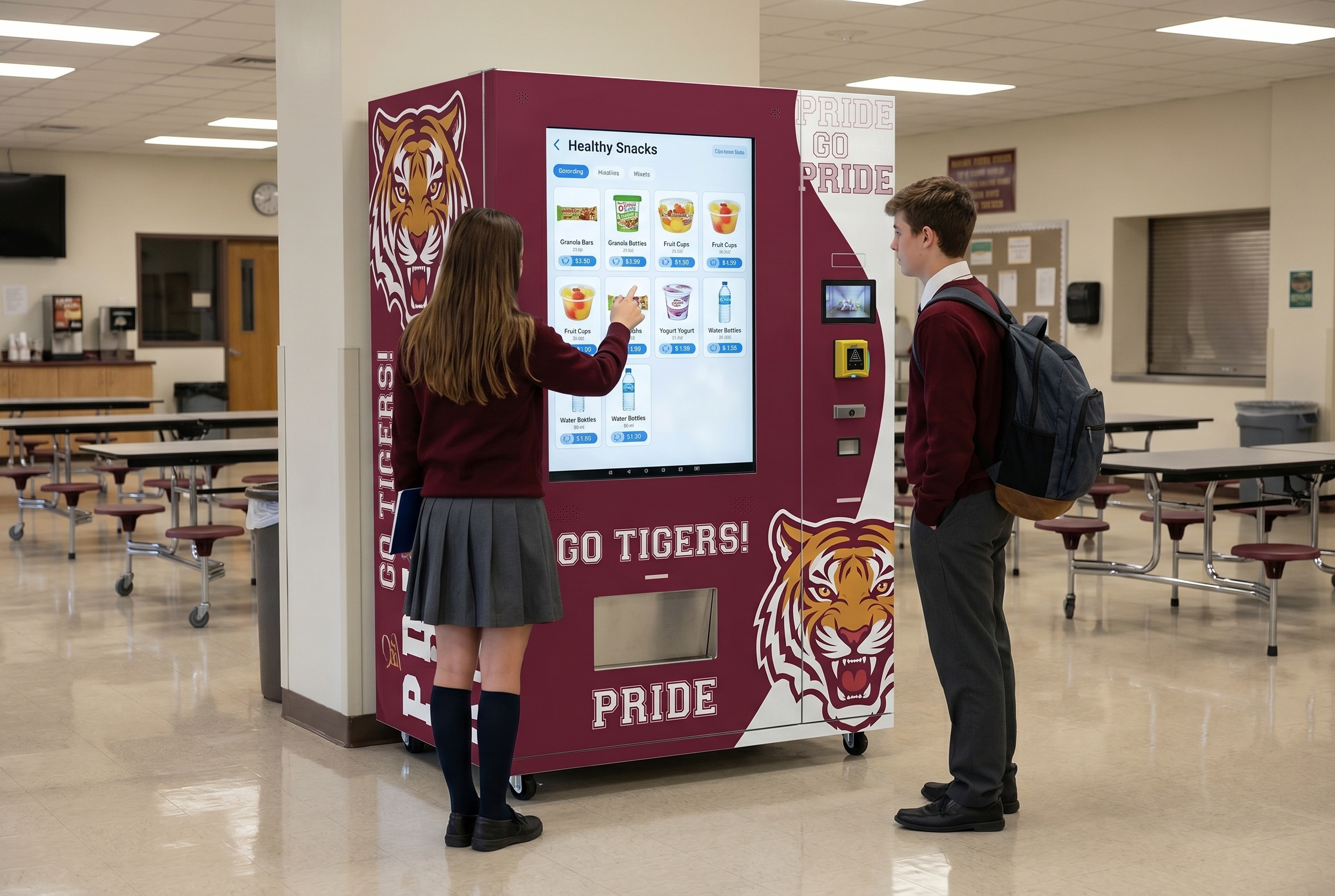 Healthy vending machine in a school commons area with students using the touchscreen