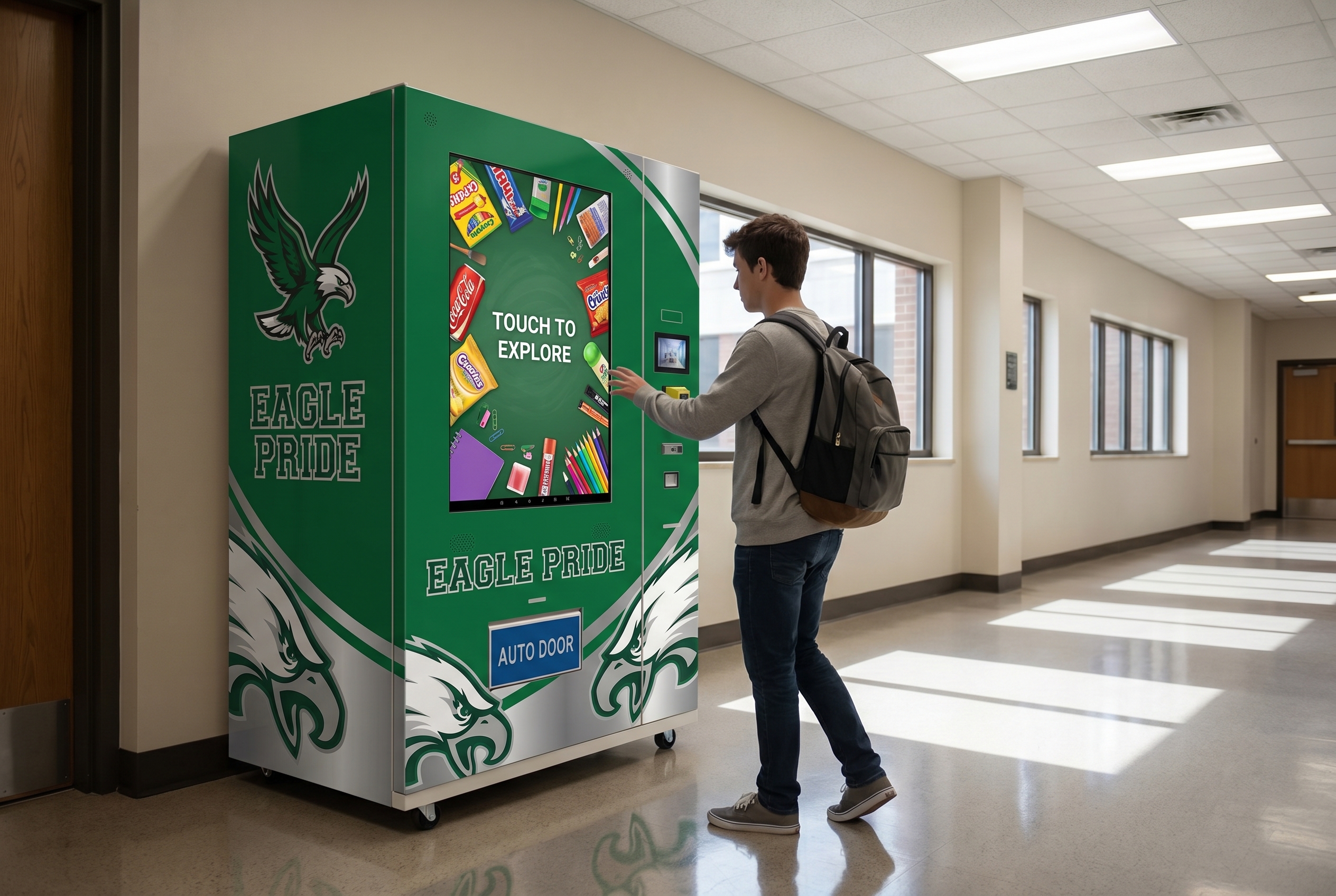 Green and silver school-spirit Option 4 vending machine in a college corridor