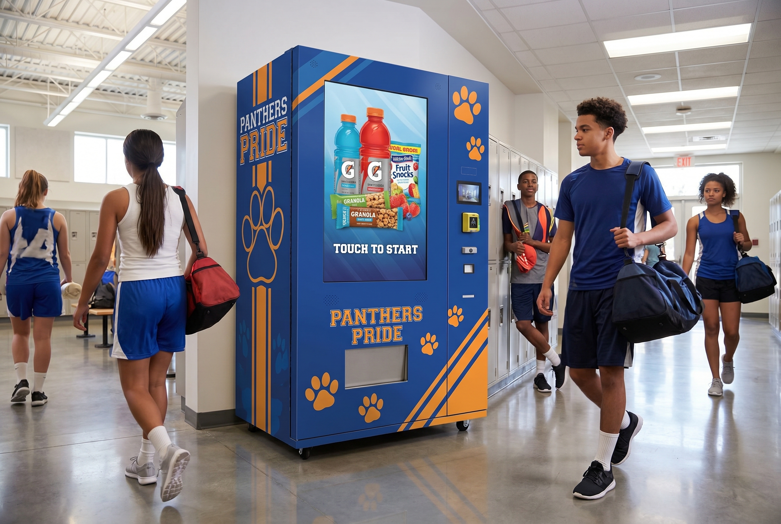 Blue and orange school-spirit vending machine in a school gym lobby