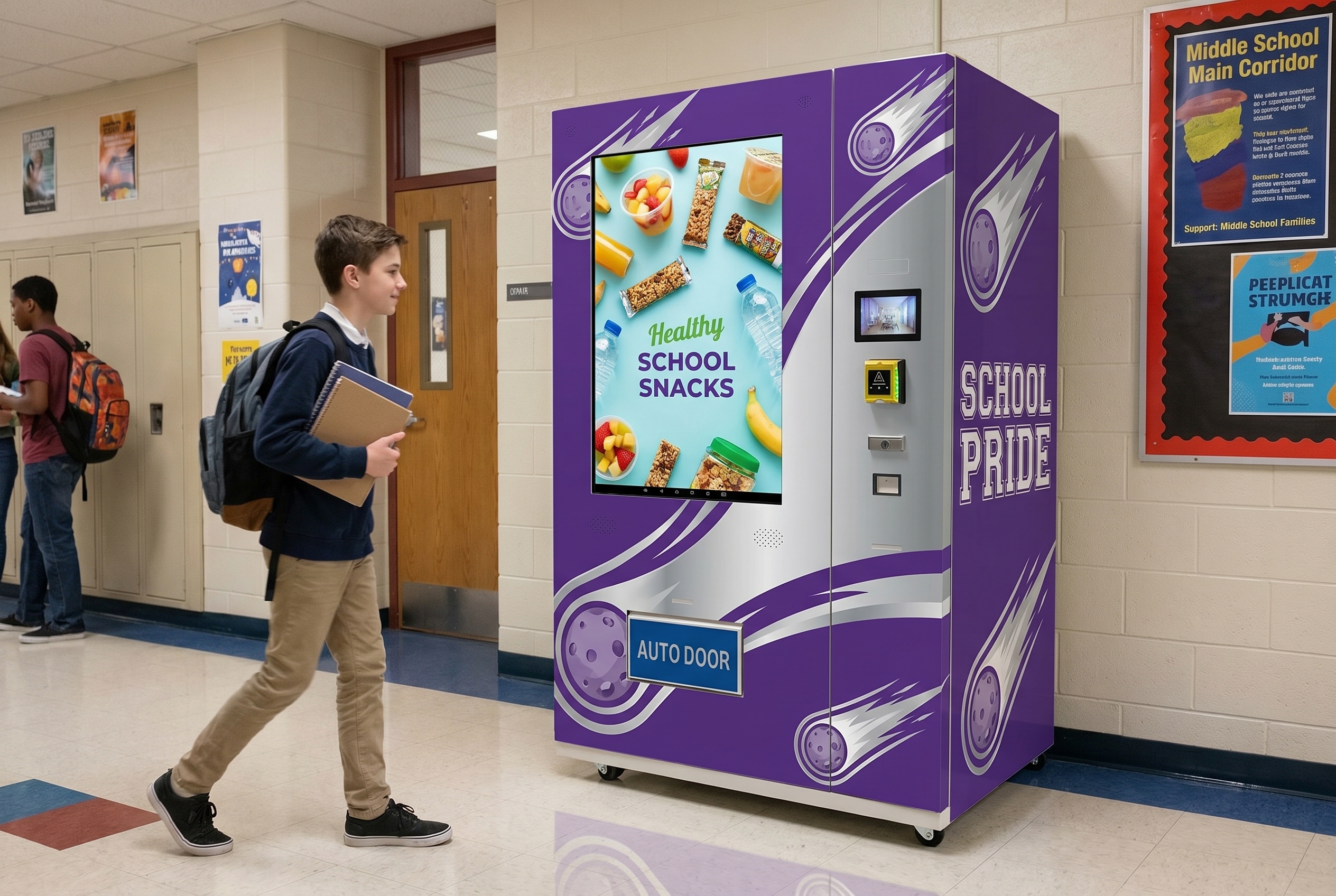Purple and silver school vending machine in a middle-school corridor