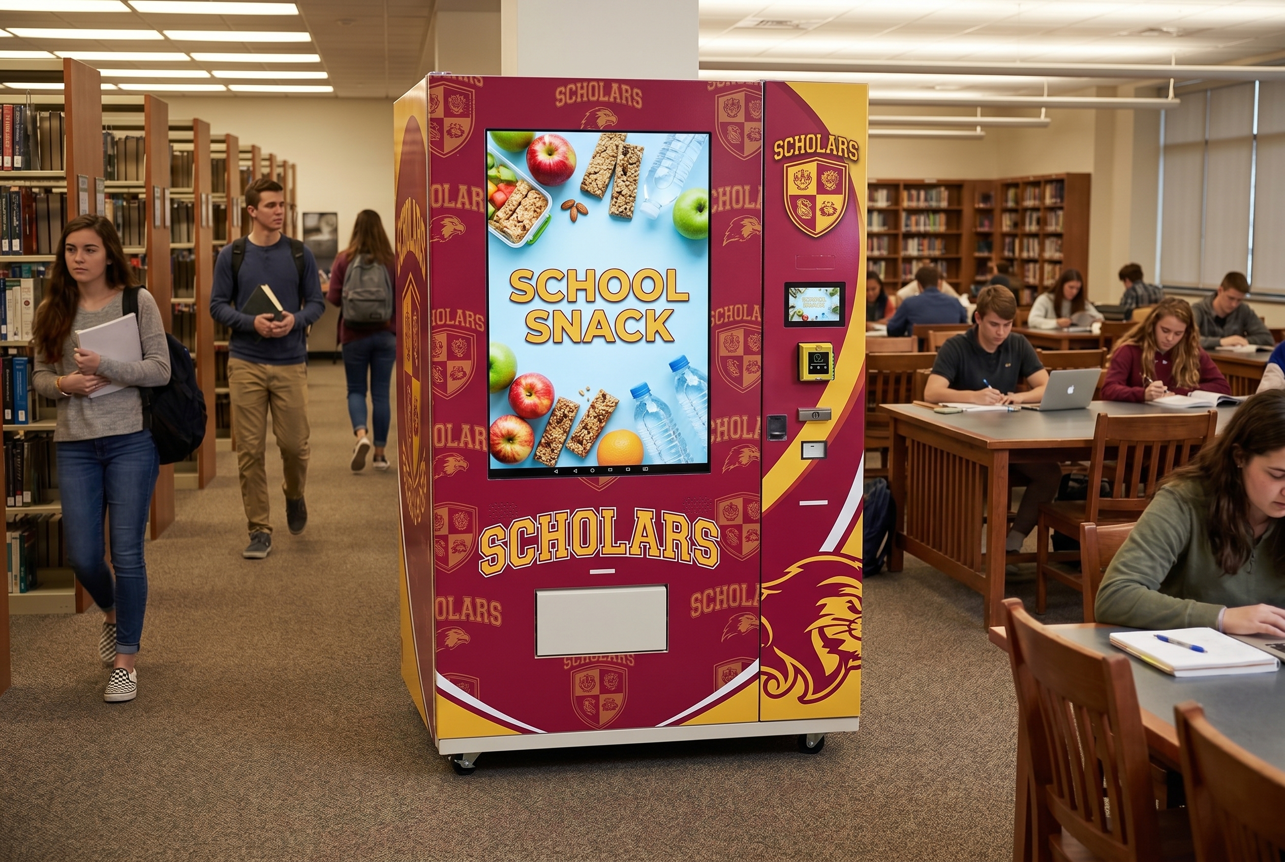 Crimson and gold healthy vending machine in a school library or study commons