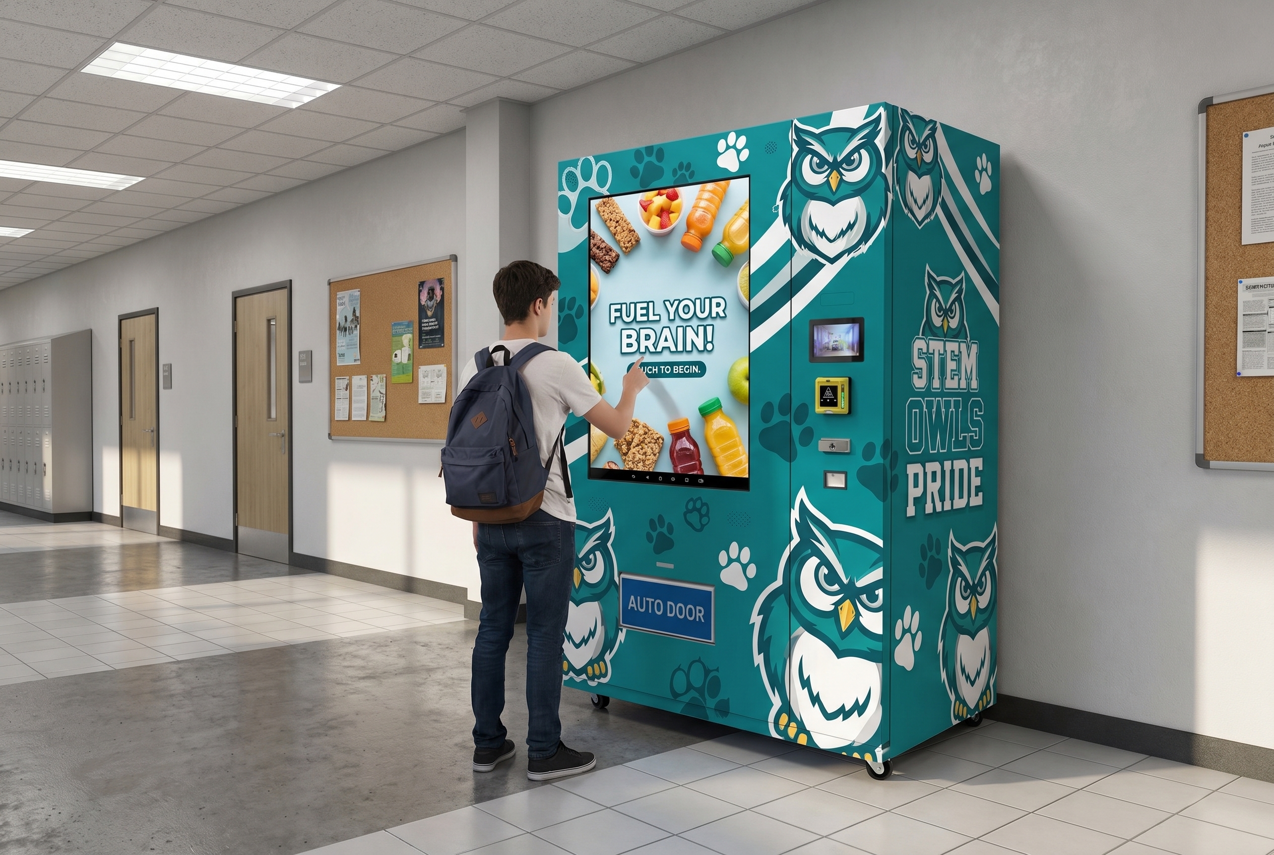 Teal and white school vending machine in a STEM building hallway with a student at the touchscreen