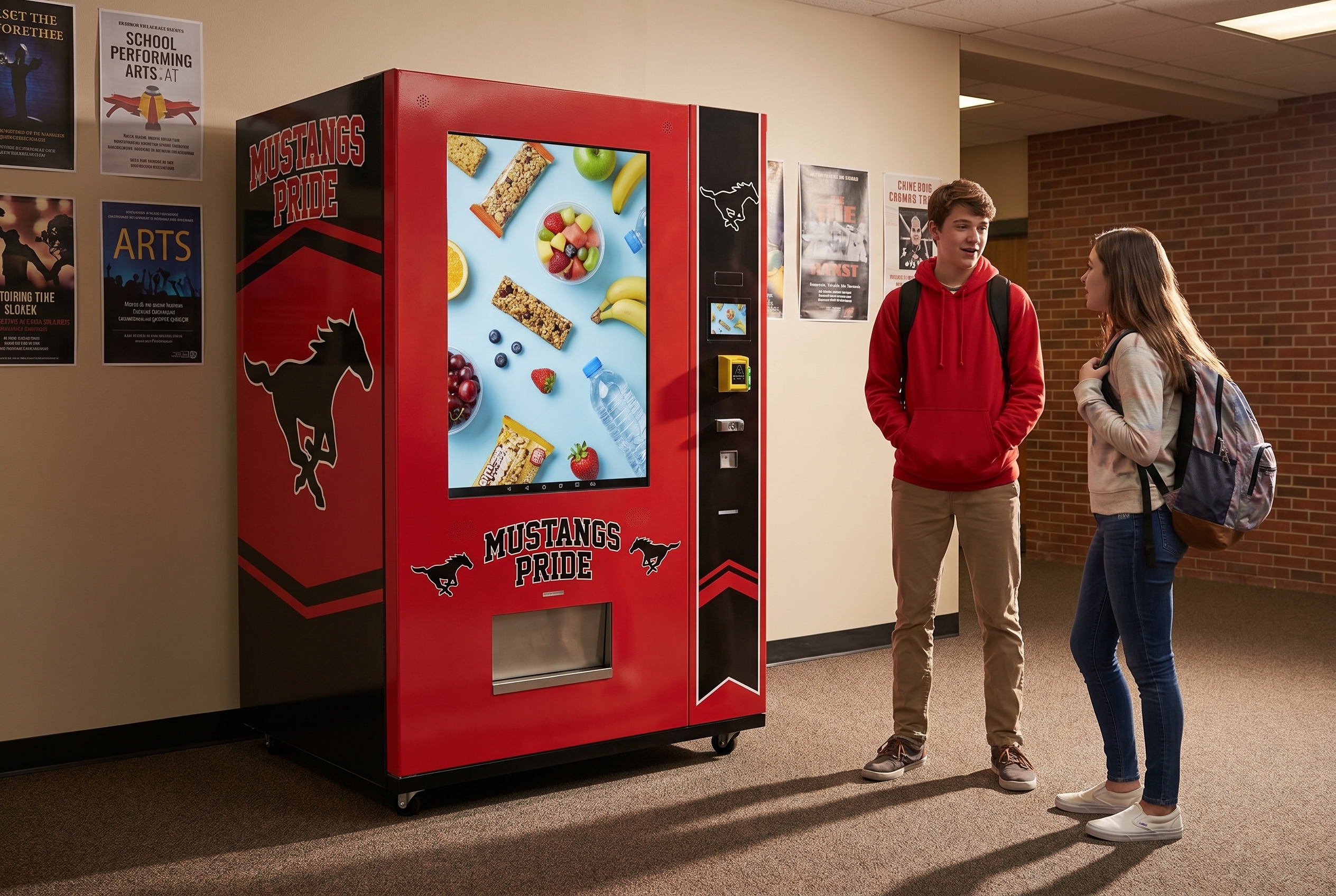 Red and black school-spirit vending machine in a performing-arts lobby with students nearby