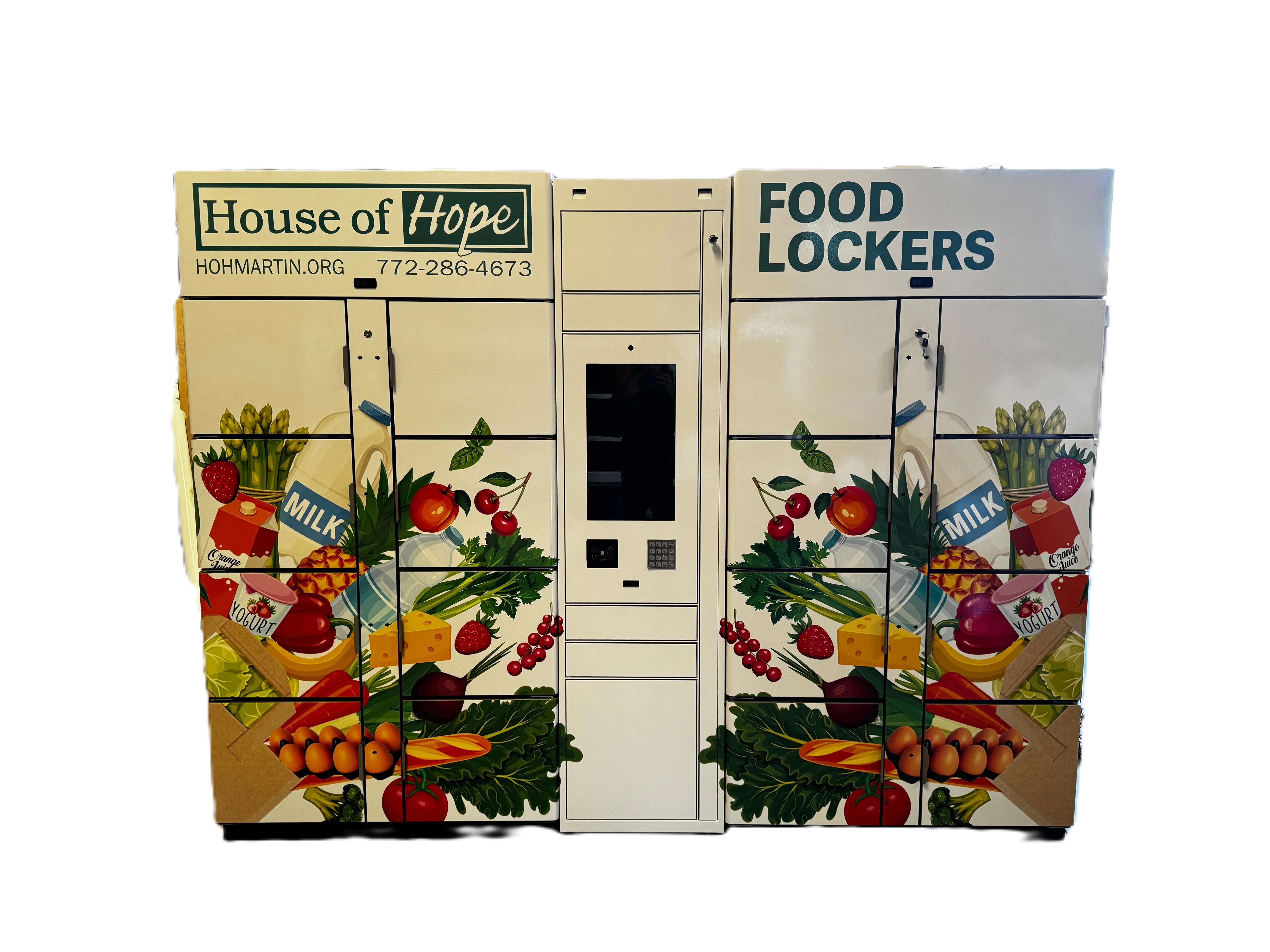 Straight-on photo of a wrapped food pantry locker bank
